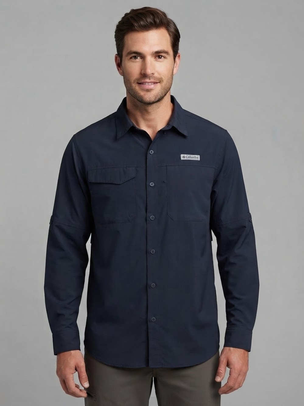 COLUMBIA Silver Ridge Omni-Shade Button-Down Shirt L Dark Navy $60 Retail EUC